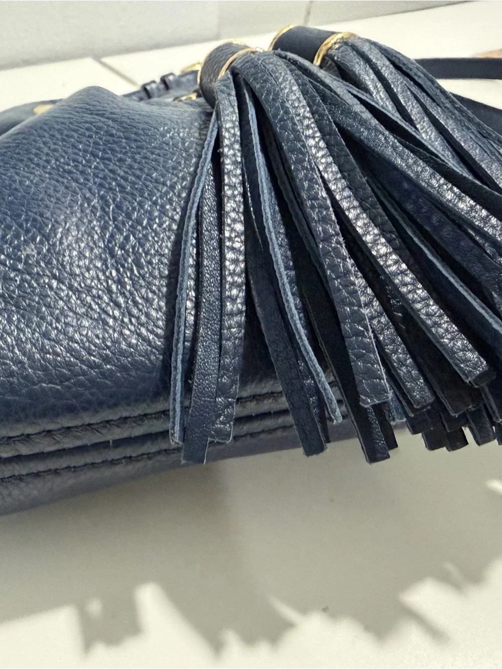 Michael Kors Navy Leather Tassel Drawstring Crossbody